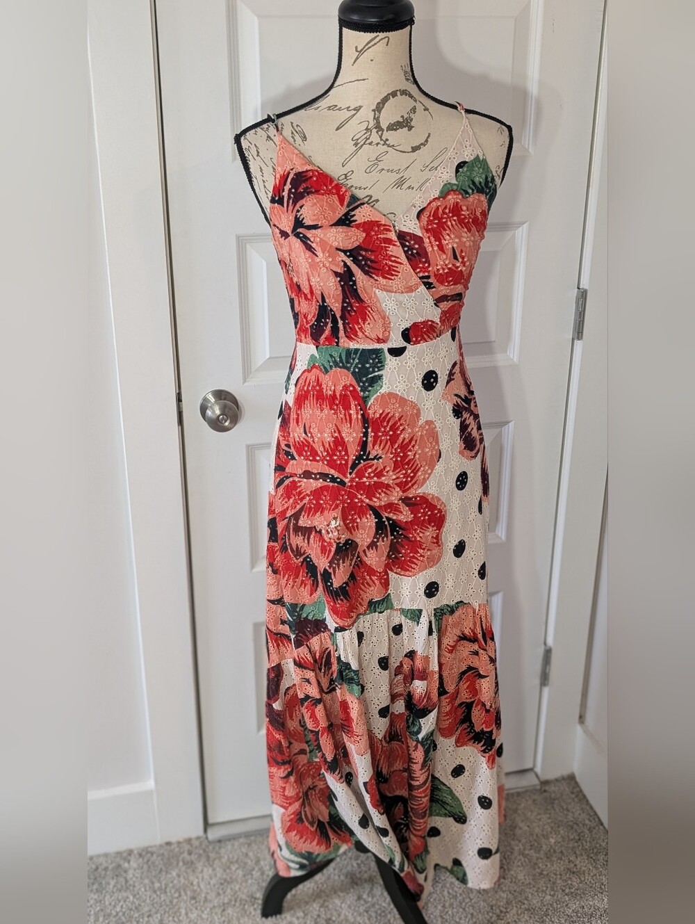 Farm Rio Anthropologie Coral Floral Spaghetti-Strap Maxi Dress Size 2 - Picture 5 of 13